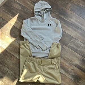 Boys Under Armour Light Gray Hoodie with Tan Pants